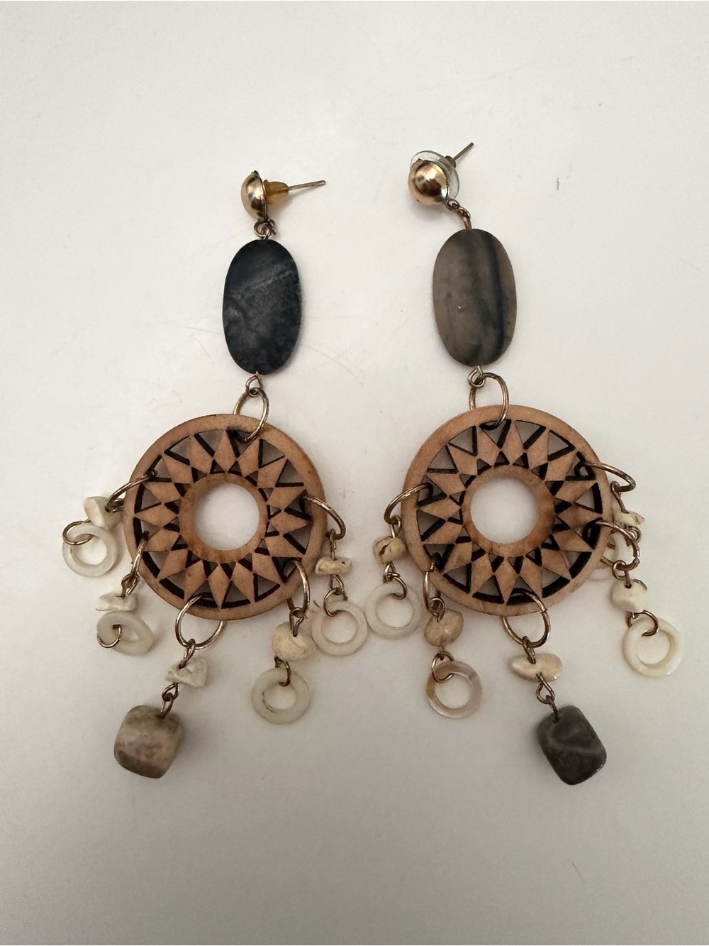 Bohemian Wood & Stone Statement Earrings - Picture 9 of 12